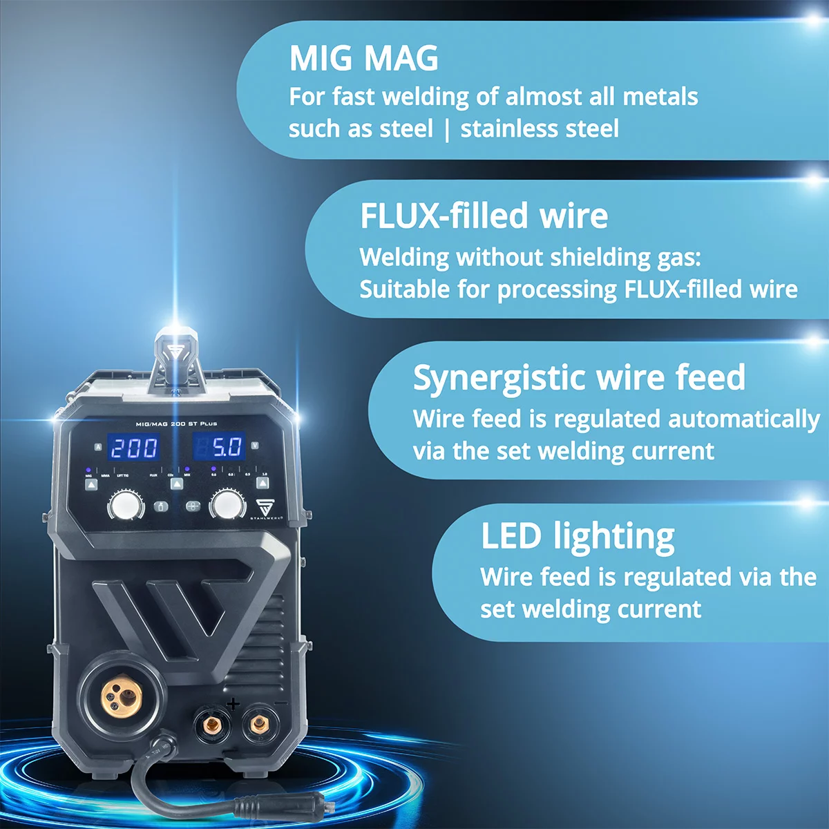 mig mag schutzgas schweissgeraet inverter migmag200st13 STAHLWERK MIG MAG 200 ST PLUS Gasless or gas-shielded welding machine | IGBT inverter with 200 A, synergic wire feed, FLUX, Lift-TIG and MMA | ARC function - Image 3